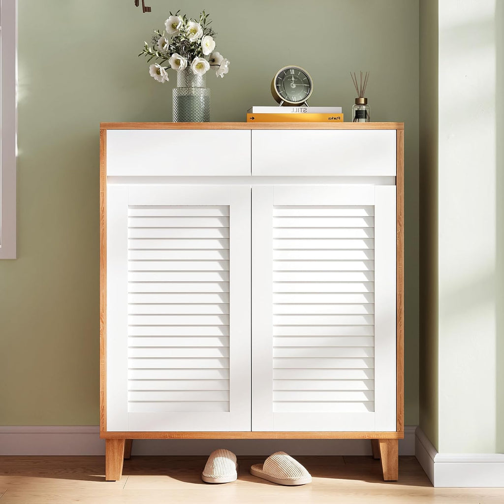 LIKEMET Wooden 4-Tier Shoe Cabinet with Louver Doors