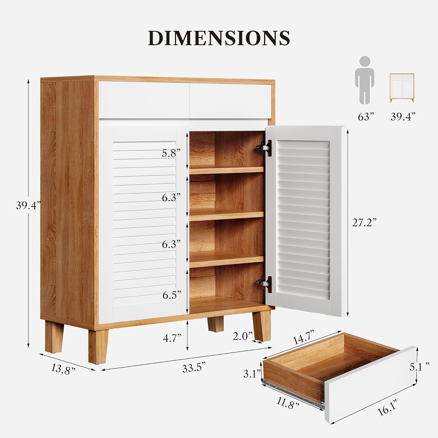 LIKEMET Wooden 4-Tier Shoe Cabinet with Louver Doors