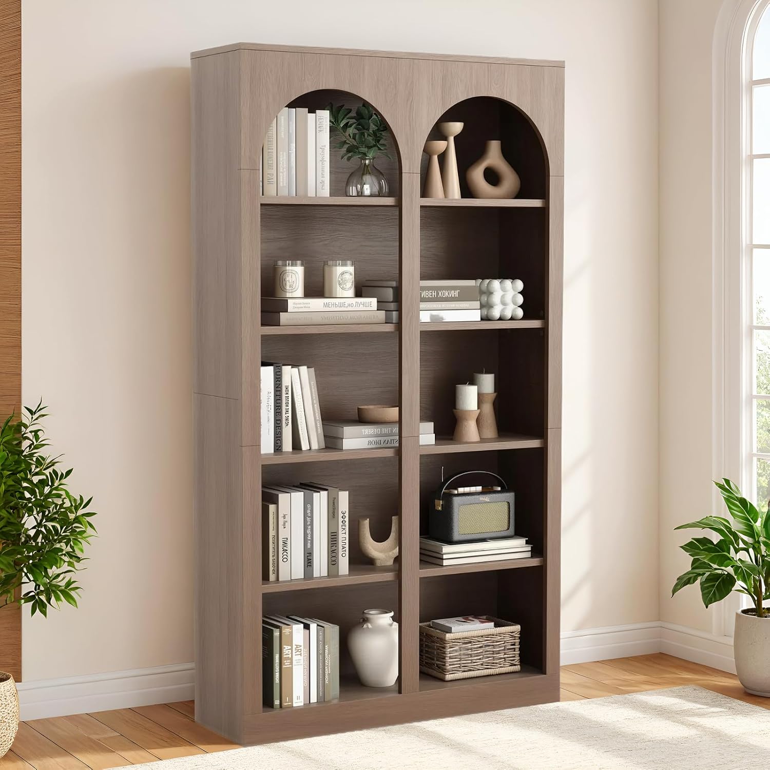 LIKEMET 70.8" Wooden High Arched Bookcase