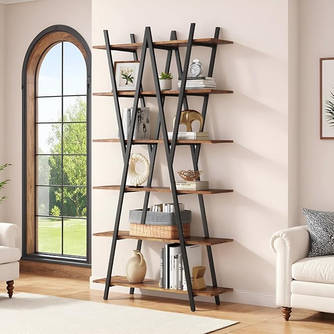 6 Tier Bookshelf, 74.8" X-Frame Bookcase with Storage, Open Book Shelves for Living Room, Home Office, Rustic Brown, Ease of Assembly