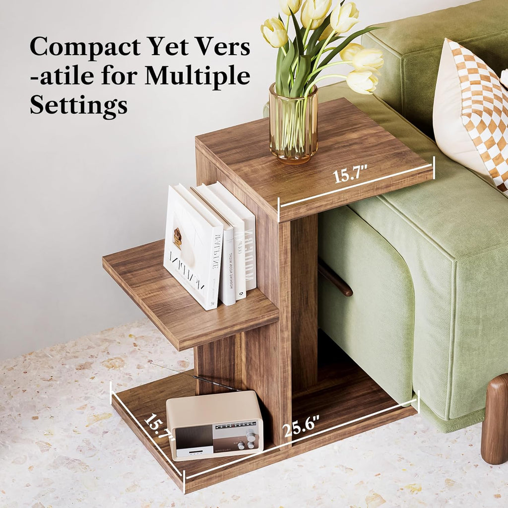 LIKEMET 2-Tier C Shaped Rustic Couch End Table
