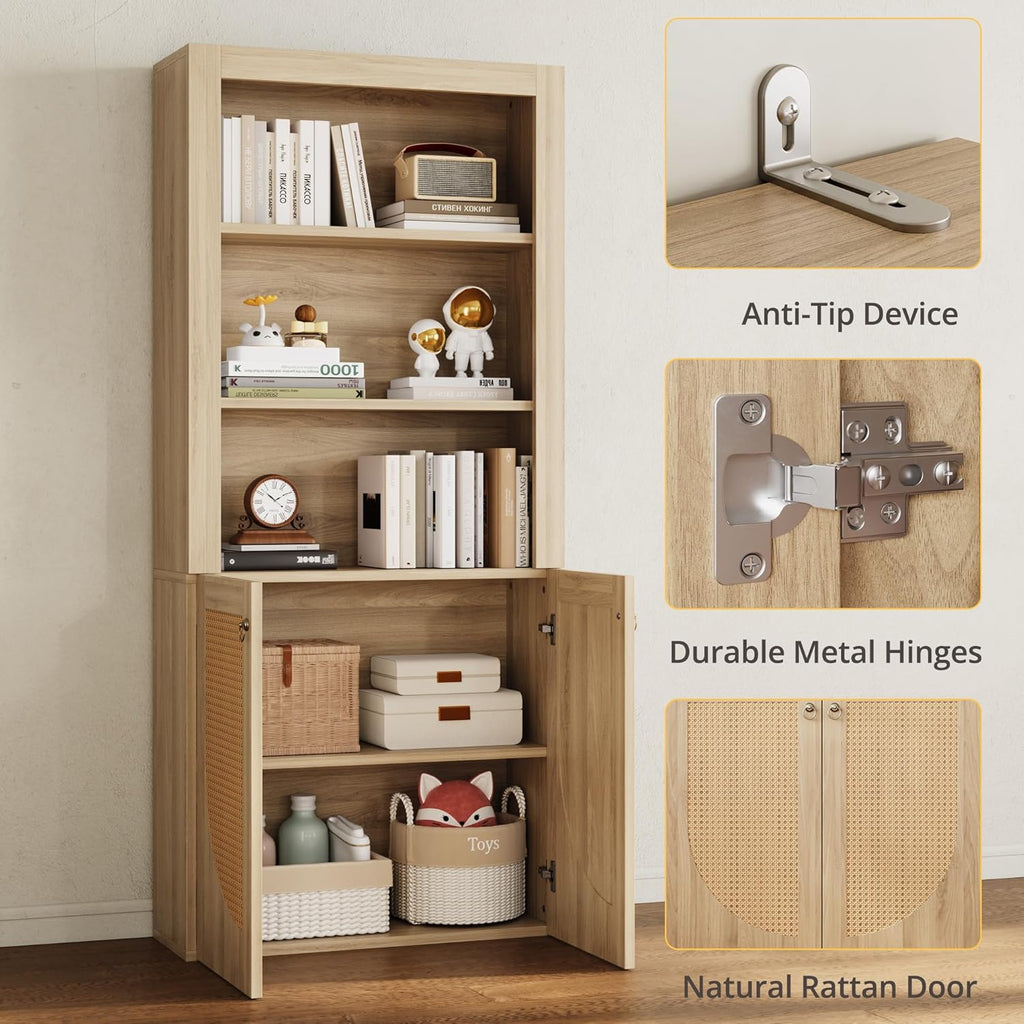 LIKEMET Medieval-style Rattan Bookshelf with Doors（70.9”）