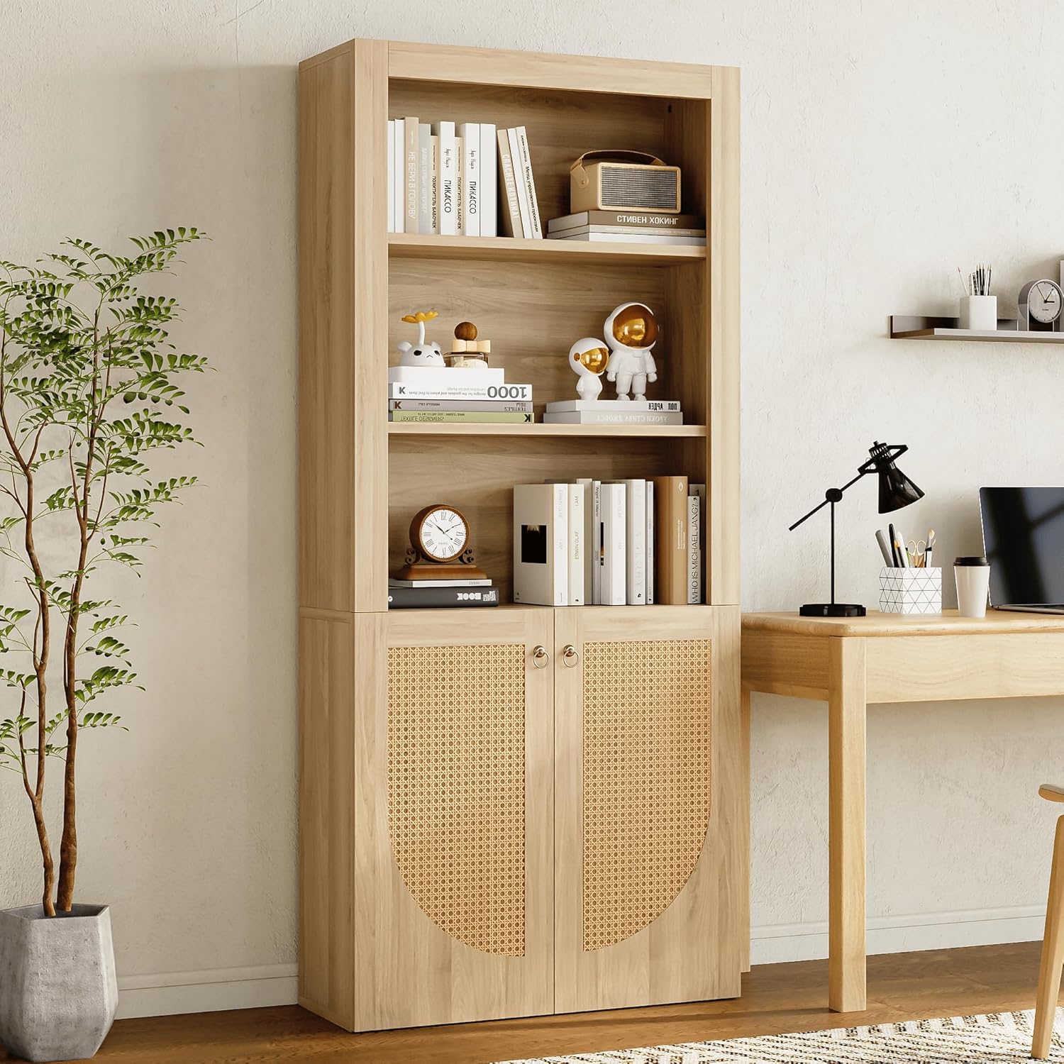 LIKEMET Medieval-style Rattan Bookshelf with Doors（70.9”）