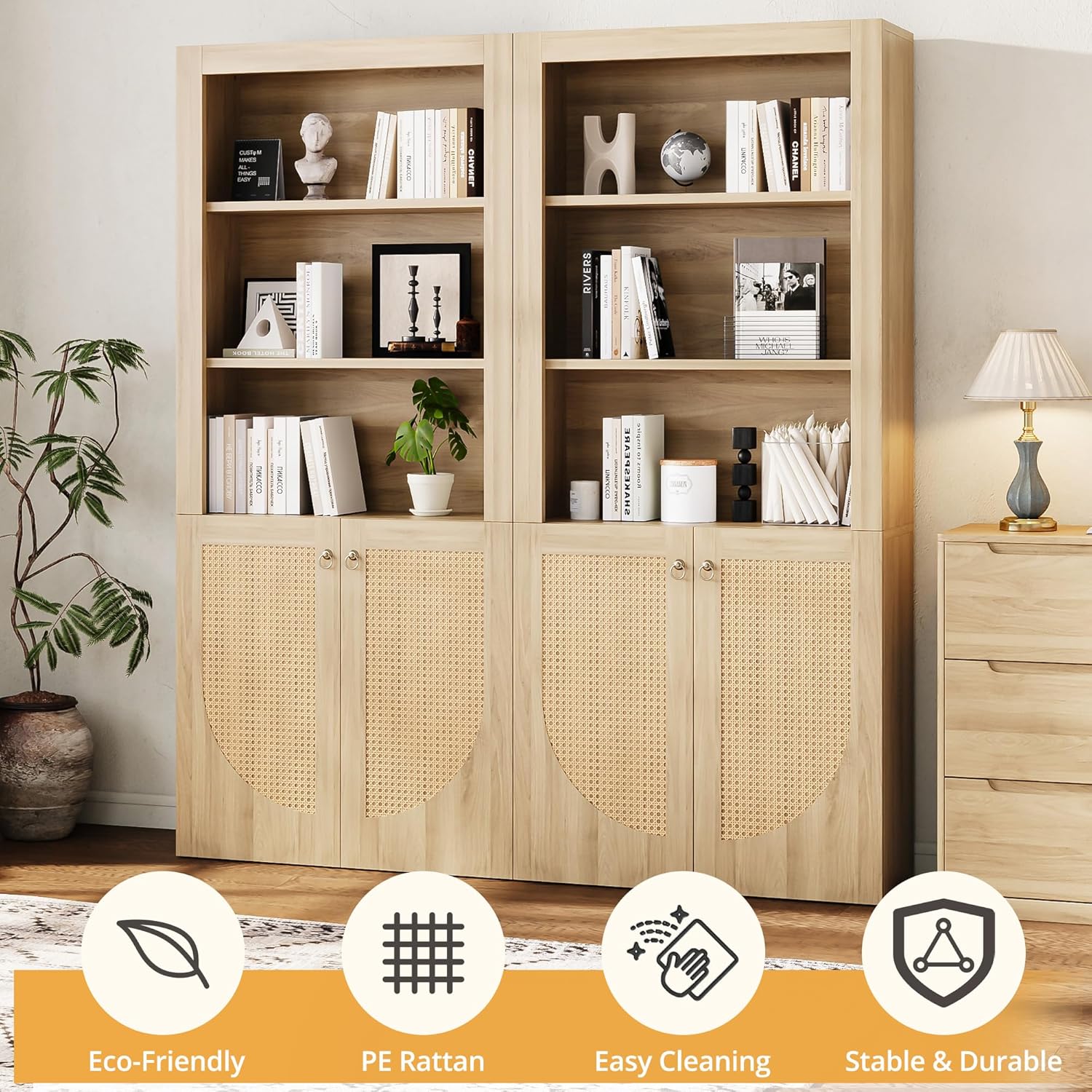 LIKEMET Medieval-style Rattan Bookshelf with Doors（70.9”）