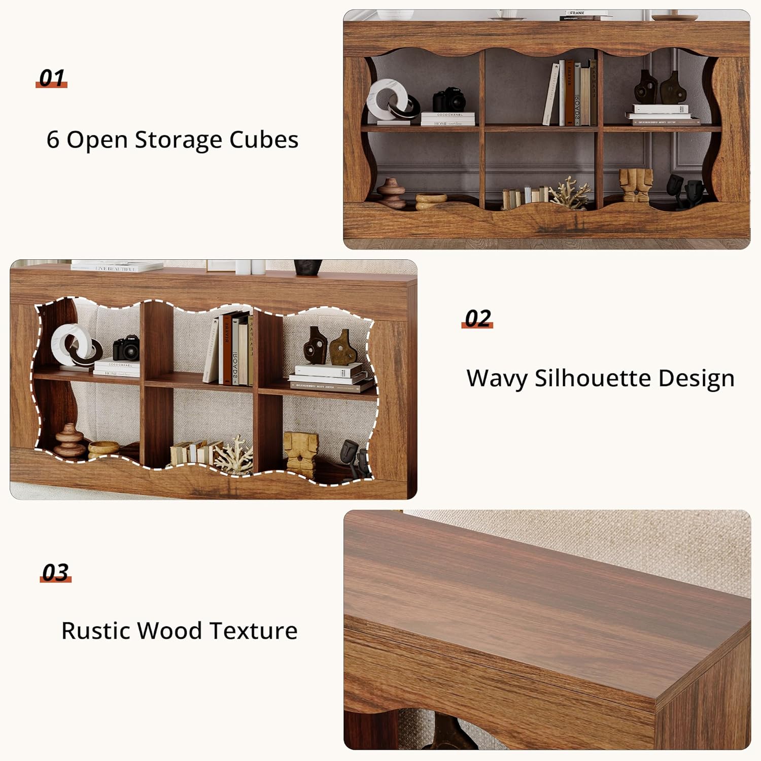 Raithouse 63 Inches Farmhouse Entryway Table, 3-Tier Console Table with 6 Storage, Brown(UPC: 722385213478)