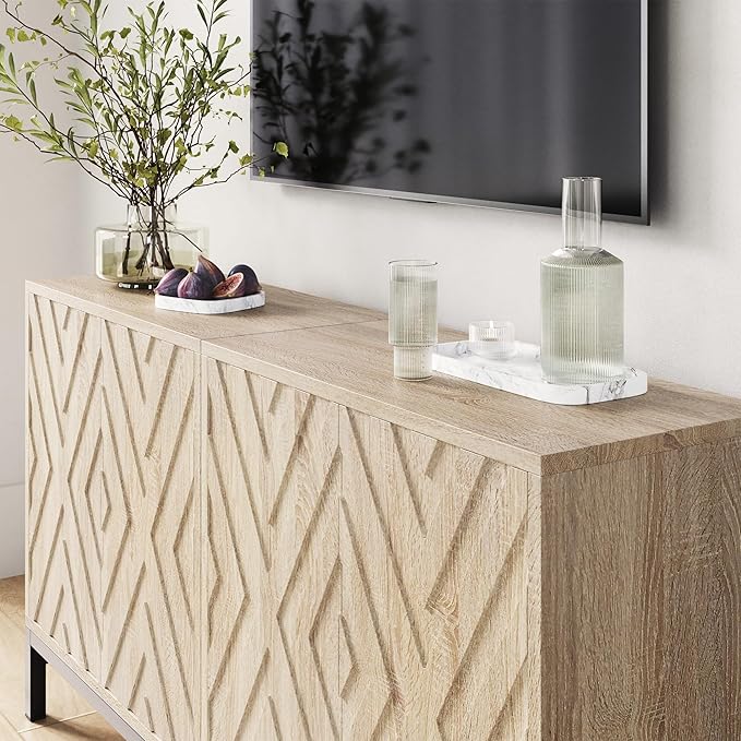 Set of 2 Sideboard Buffet Cabinet, 57.4" Storage Cabinet with 4 Doors and Chevron Patterned, Kitchen Storage Buffet for Living Room, Kitchen, Entryway, Dining Room, Walnut