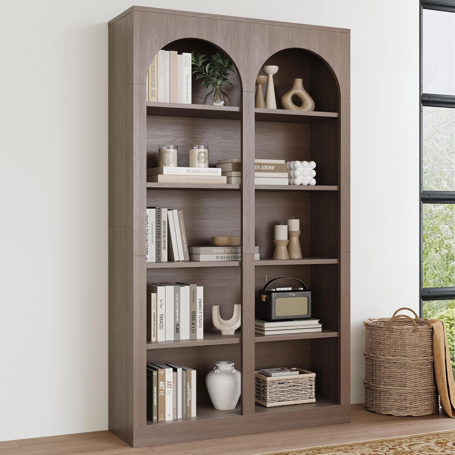 LIKEMET 70.8" Wooden High Arched Bookcase