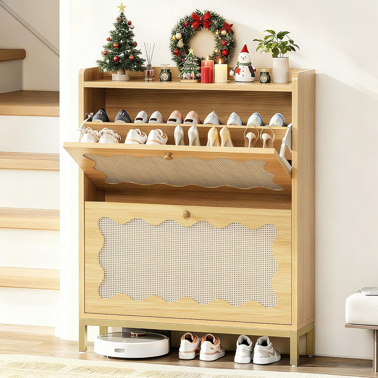 LIKEMET 4-tier Wave-shaped Rattan Shoe Cabinet（31.4“）
