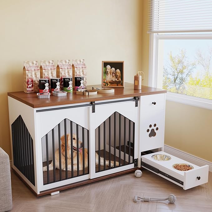 47 Inch Large Dog Crate Furniture with 2 Dog Bowls, Wooden Dog Kennel with Drawer, Barn Doors Decorative Pet Cage Dog House as TV Stand, Entryway Table