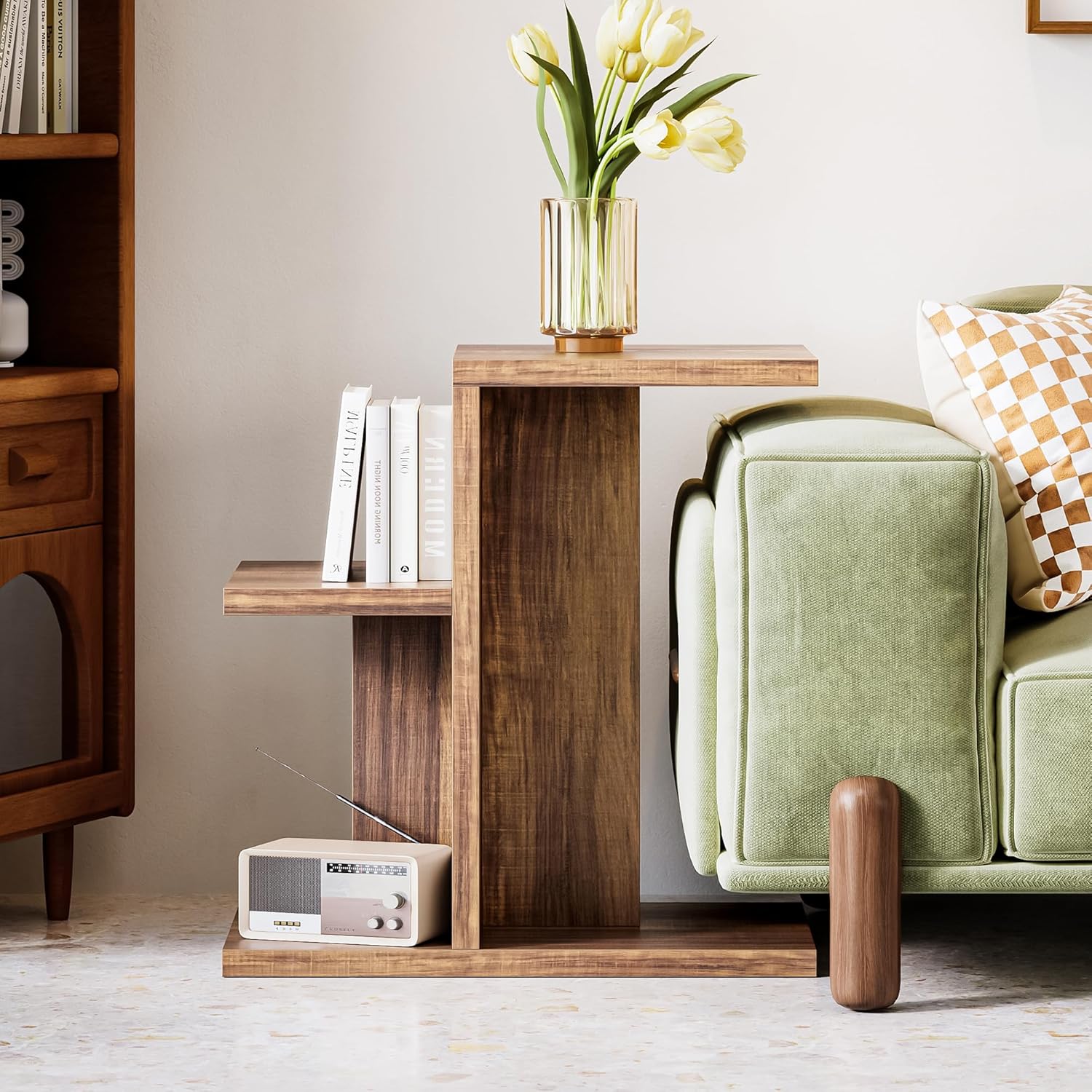 LIKEMET 2-Tier C Shaped Rustic Couch End Table