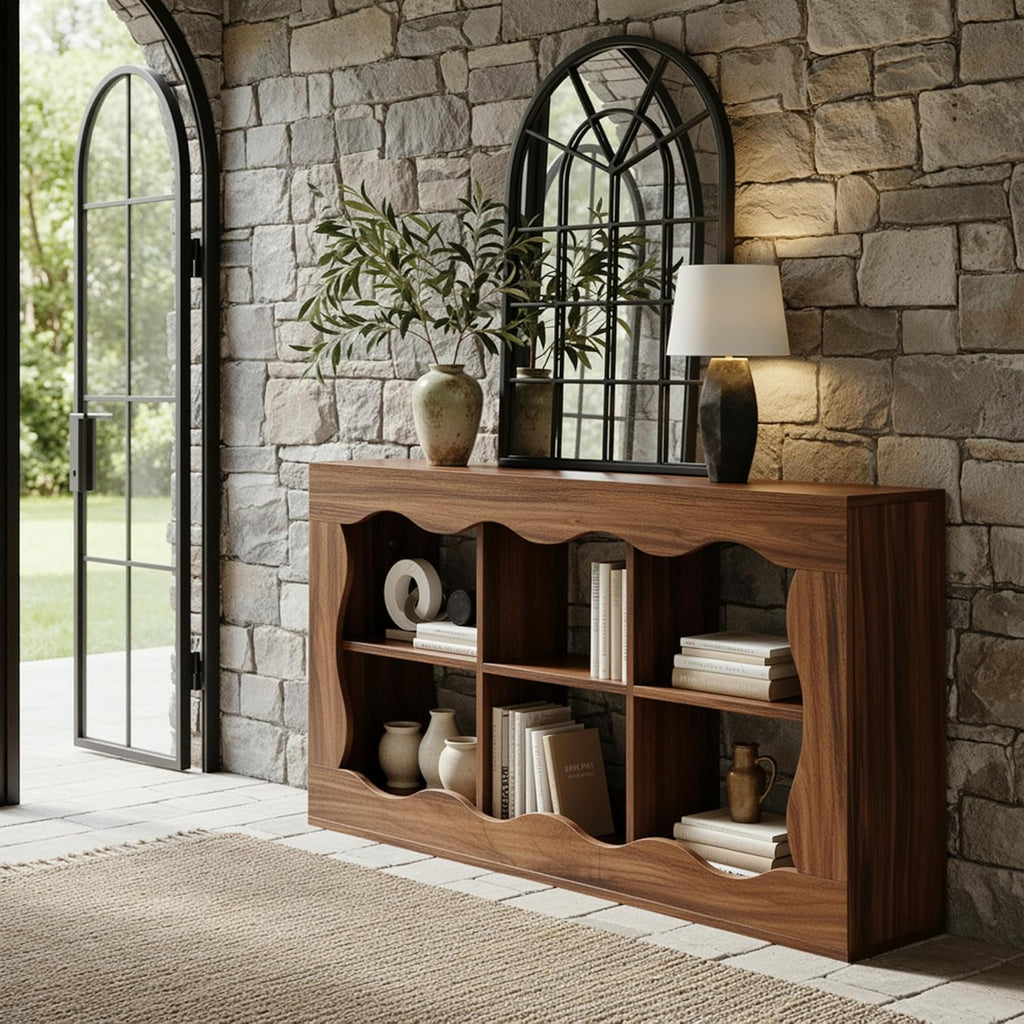 Raithouse 63 Inches Farmhouse Entryway Table, 3-Tier Console Table with 6 Storage, Brown(UPC: 722385213478)
