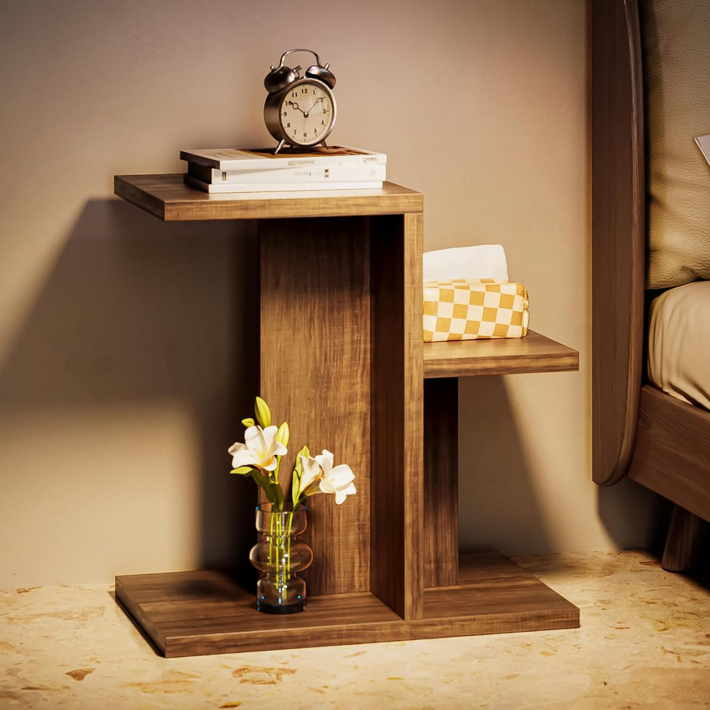 LIKEMET 2-Tier C Shaped Rustic Couch End Table