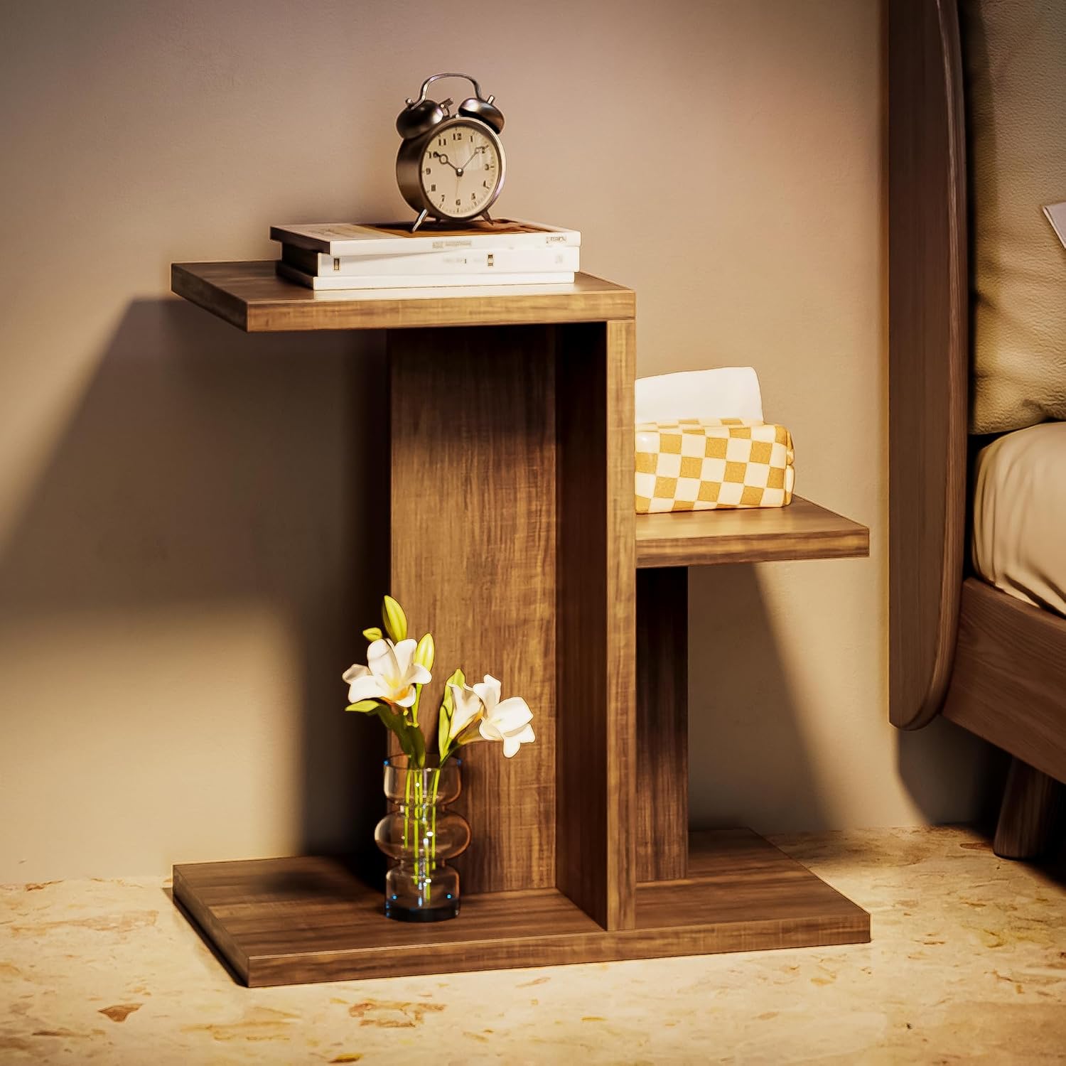 LIKEMET 2-Tier C Shaped Rustic Couch End Table