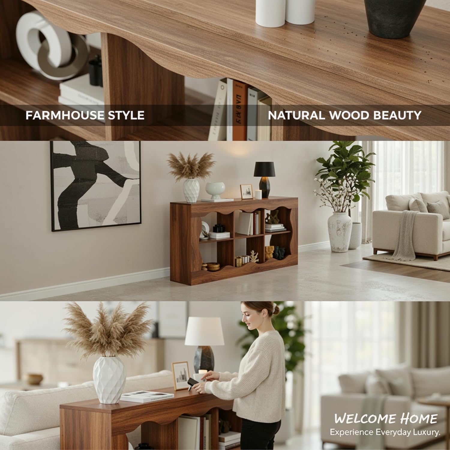 Raithouse 63 Inches Farmhouse Entryway Table, 3-Tier Console Table with 6 Storage, Brown(UPC: 722385213478)