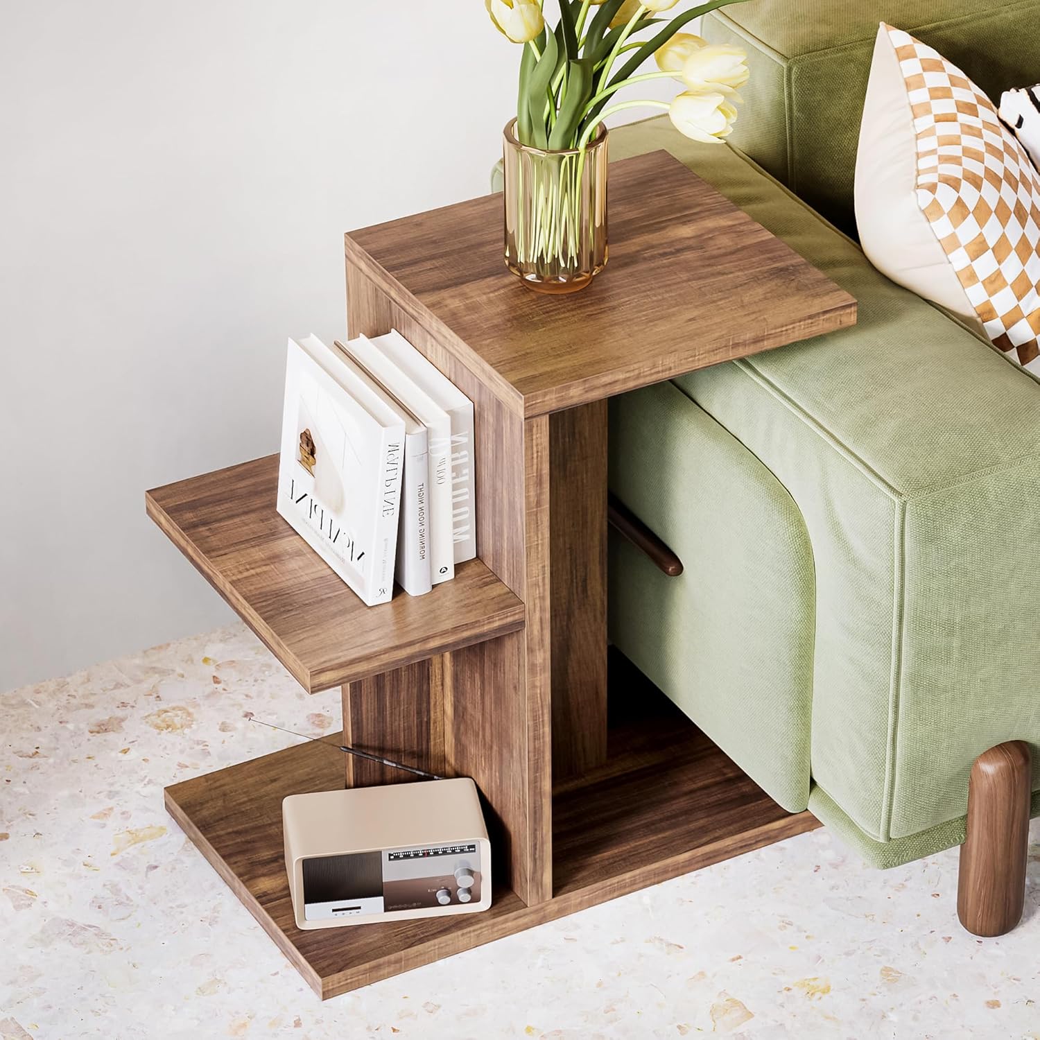 LIKEMET 2-Tier C Shaped Rustic Couch End Table