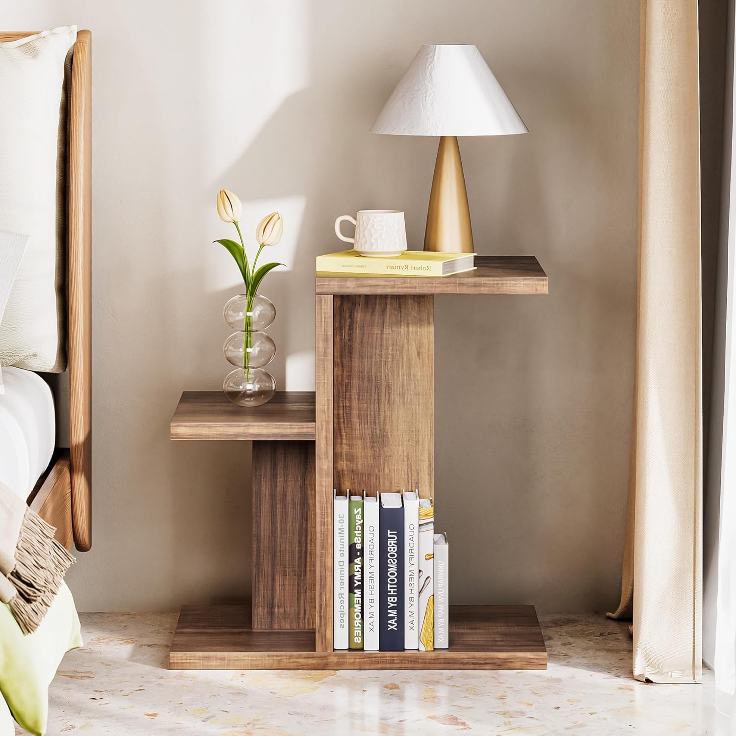 LIKEMET 2-Tier C Shaped Rustic Couch End Table