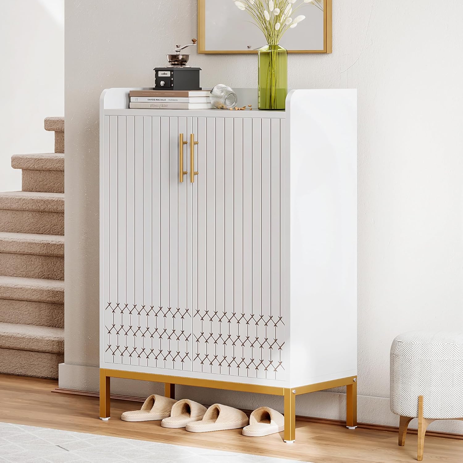 LIKEMET 5-Tier Shoe Cabinet with Carved Lines Doors