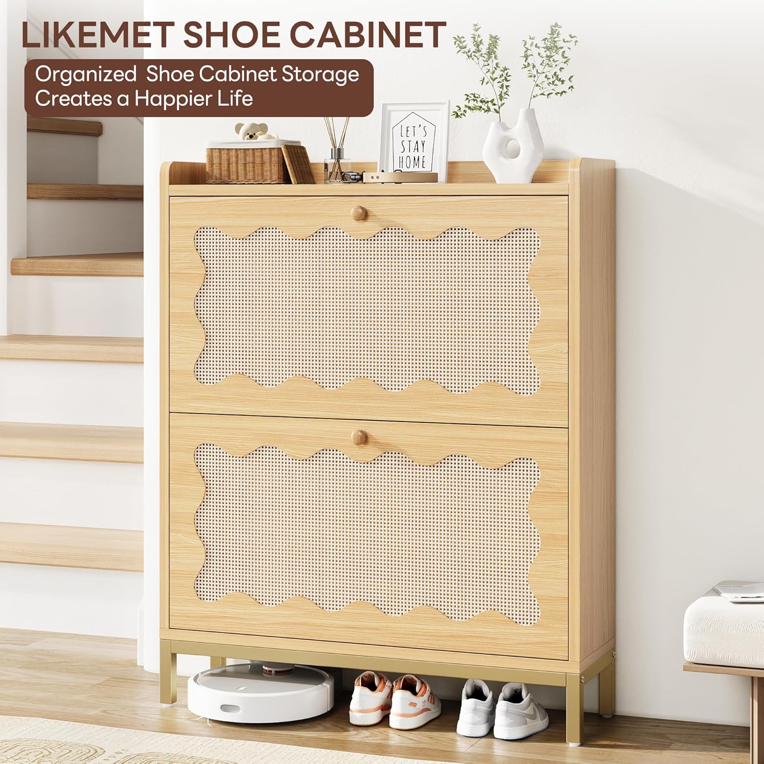 LIKEMET 4-tier Wave-shaped Rattan Shoe Cabinet（31.4“）