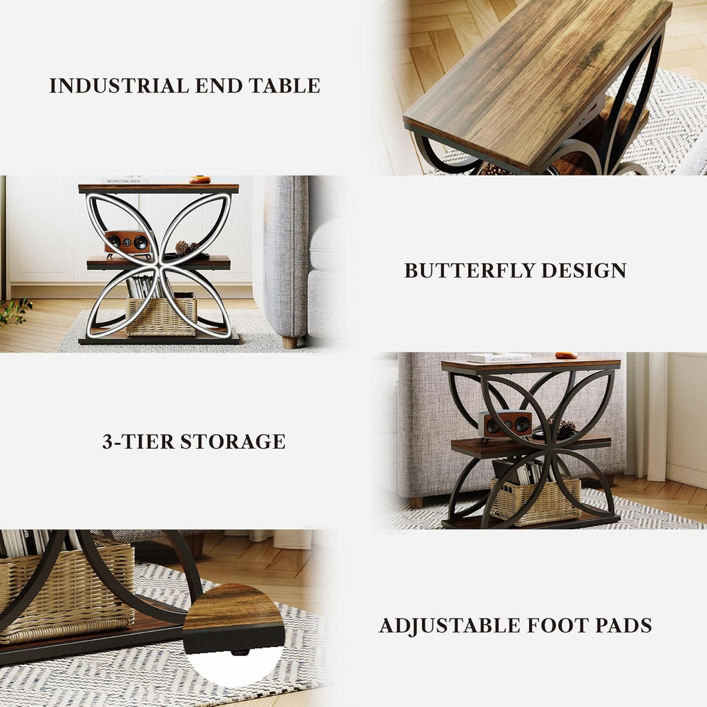 LIKEMET Butterfly Metal Frame Wooden End Table