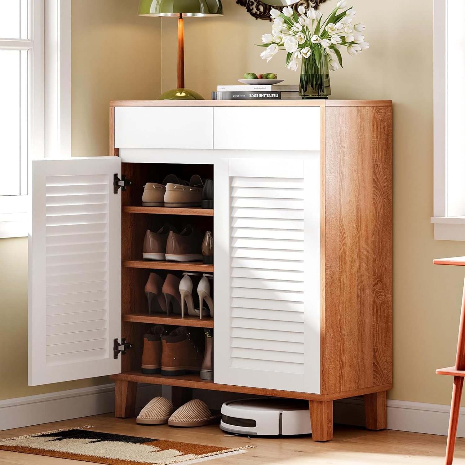 LIKEMET Wooden 4-Tier Shoe Cabinet with Louver Doors