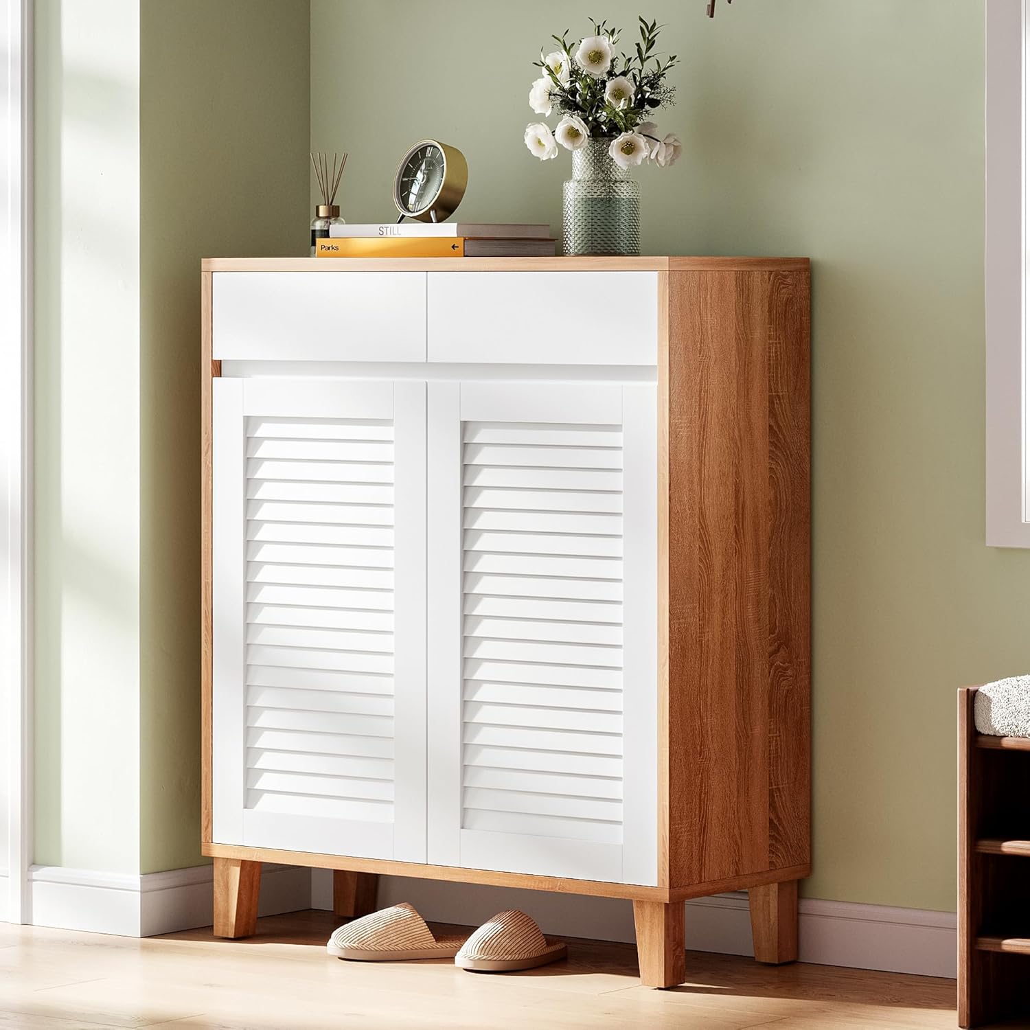 LIKEMET Wooden 4-Tier Shoe Cabinet with Louver Doors