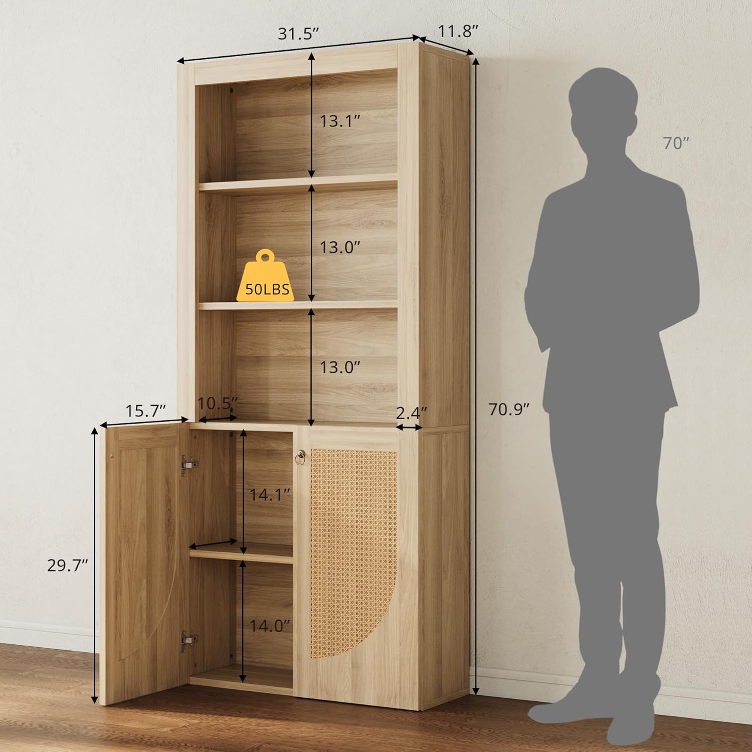 LIKEMET Medieval-style Rattan Bookshelf with Doors（70.9”）