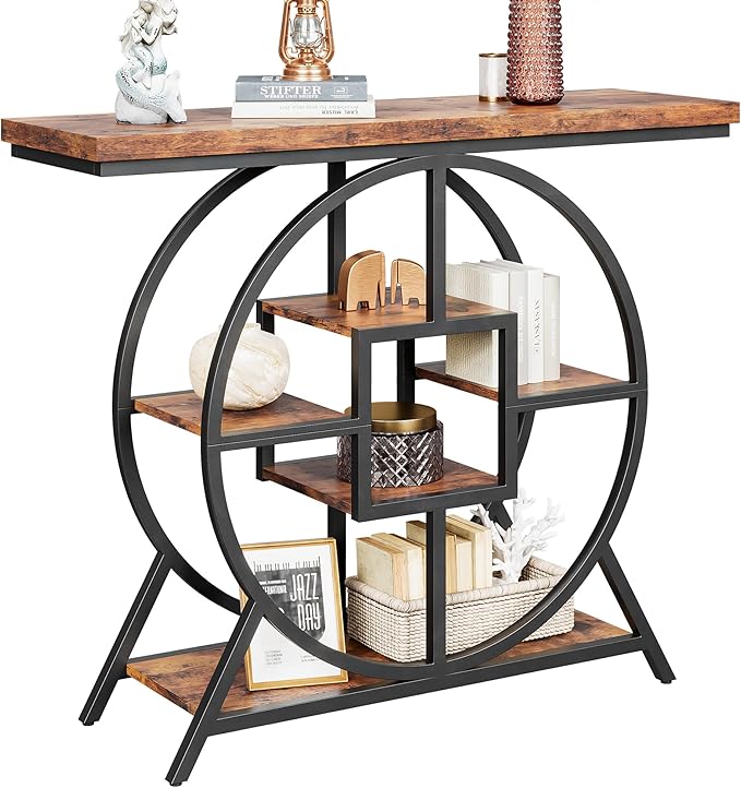 41.3" Industrial Console Table with Circle Base, 5-Tier Rustic Brown Sofa Table, Narrow Entryway Table with Storage Shelves for Living Room, Hallway, Foyer, Farmhouse Decor