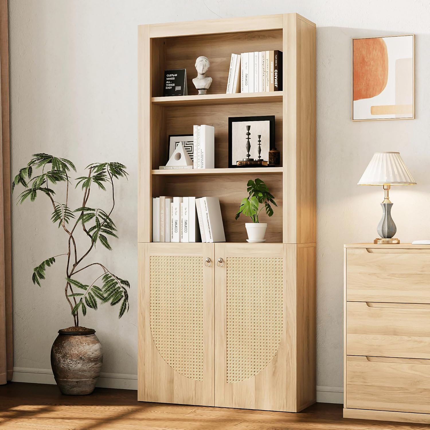 LIKEMET Medieval-style Rattan Bookshelf with Doors（70.9”）