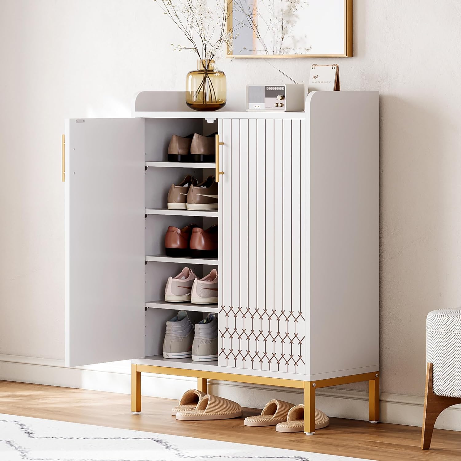 LIKEMET 5-Tier Shoe Cabinet with Carved Lines Doors