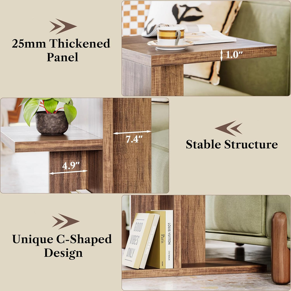 LIKEMET 2-Tier C Shaped Rustic Couch End Table