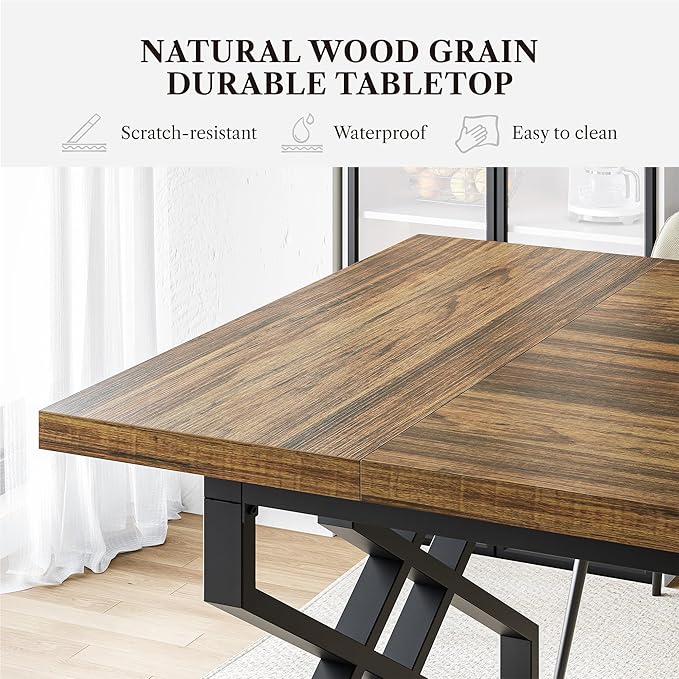 Farmhouse Dining Table for 8 People, 70.87-inch Rectangular Wood Dinner Table with Heavy Duty Geometric Legs, Industrial Large Kitchen Table for Big Family, Rustic Brown