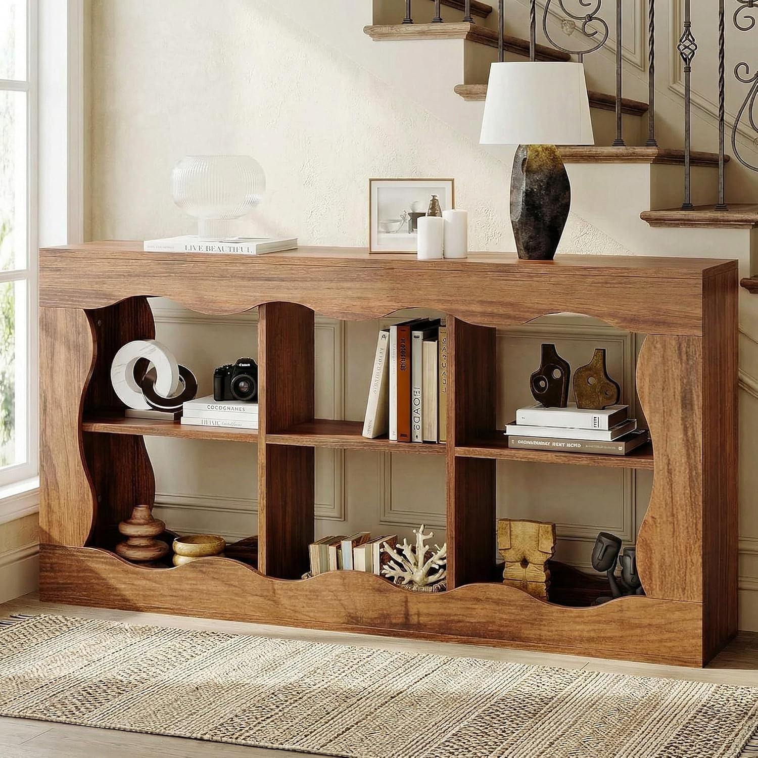 Raithouse 63 Inches Farmhouse Entryway Table, 3-Tier Console Table with 6 Storage, Brown(UPC: 722385213478)