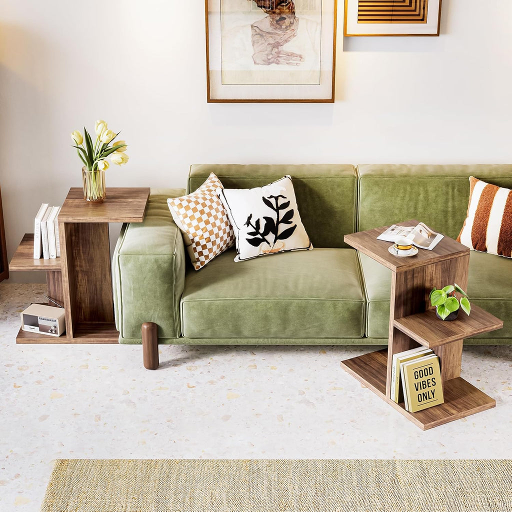 LIKEMET 2-Tier C Shaped Rustic Couch End Table
