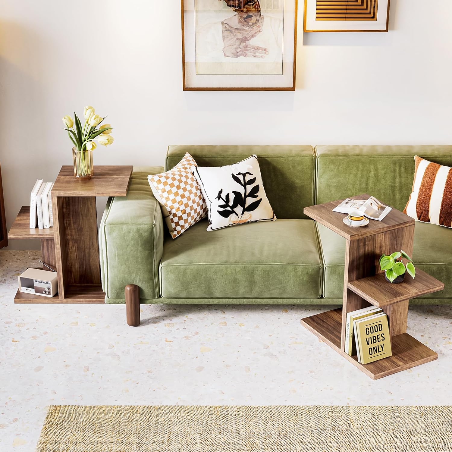 LIKEMET 2-Tier C Shaped Rustic Couch End Table