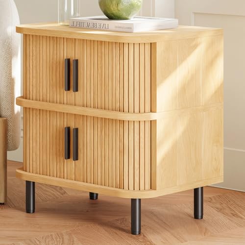 LIKEMET Fluted Nightstand with Sliding Tambour Door