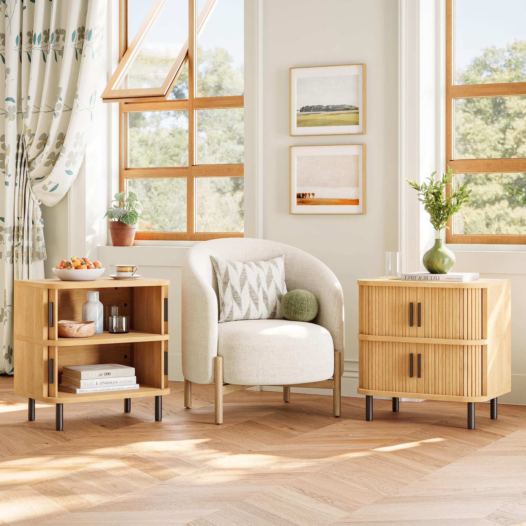 LIKEMET Fluted Nightstand with Sliding Tambour Door