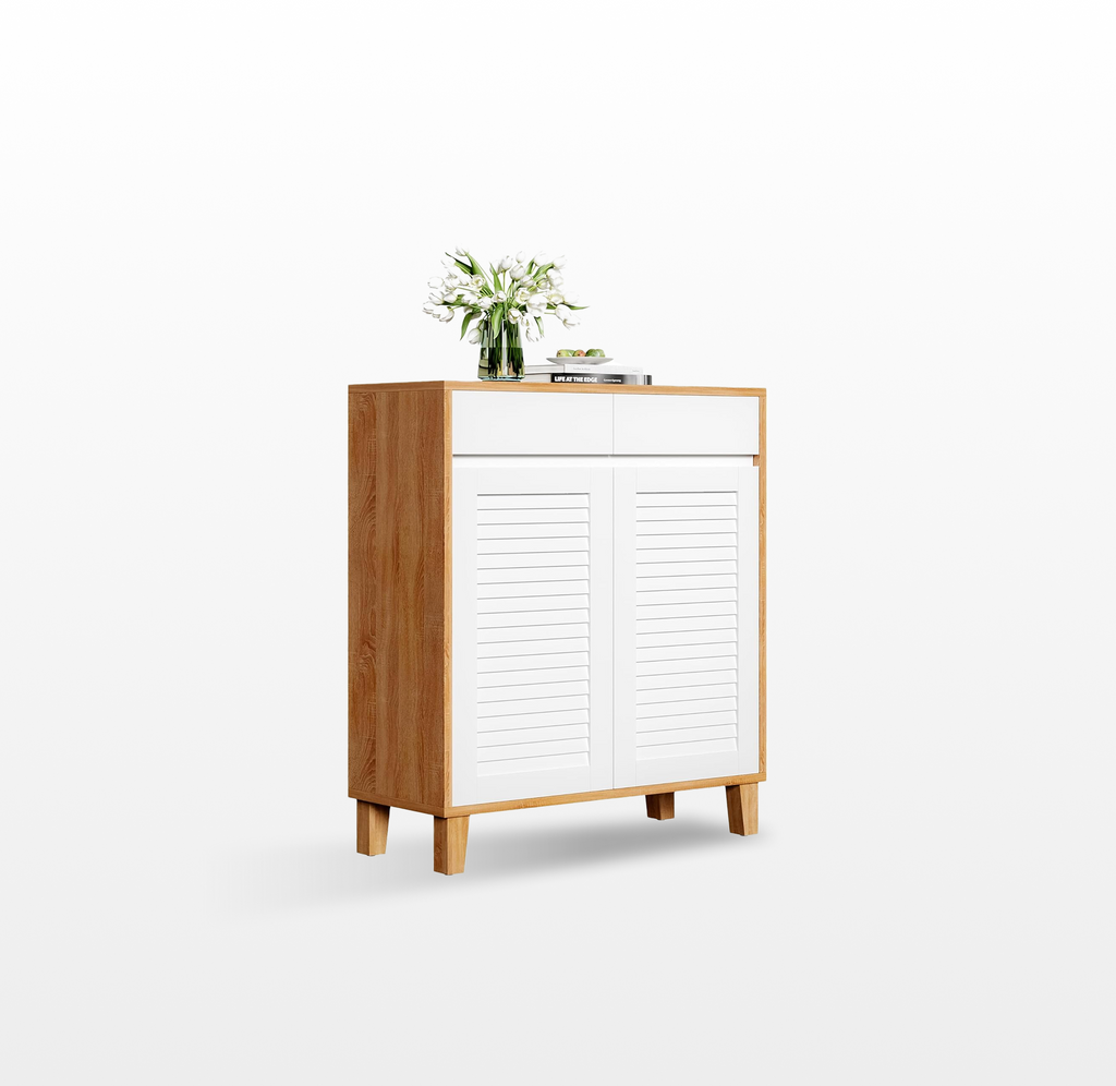 LIKEMET Wooden 4-Tier Shoe Cabinet with Louver Doors