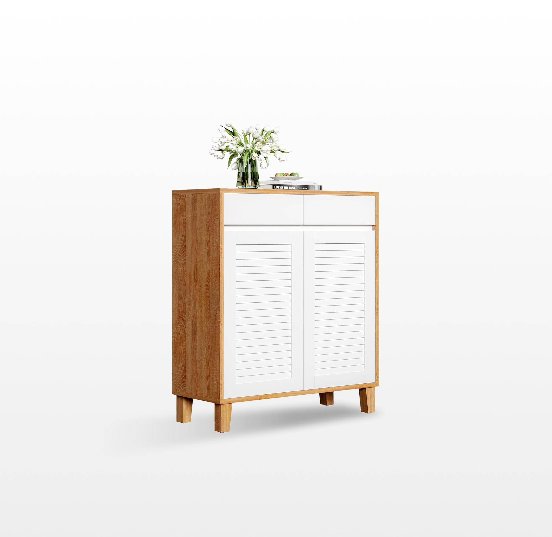 LIKEMET Wooden 4-Tier Shoe Cabinet with Louver Doors