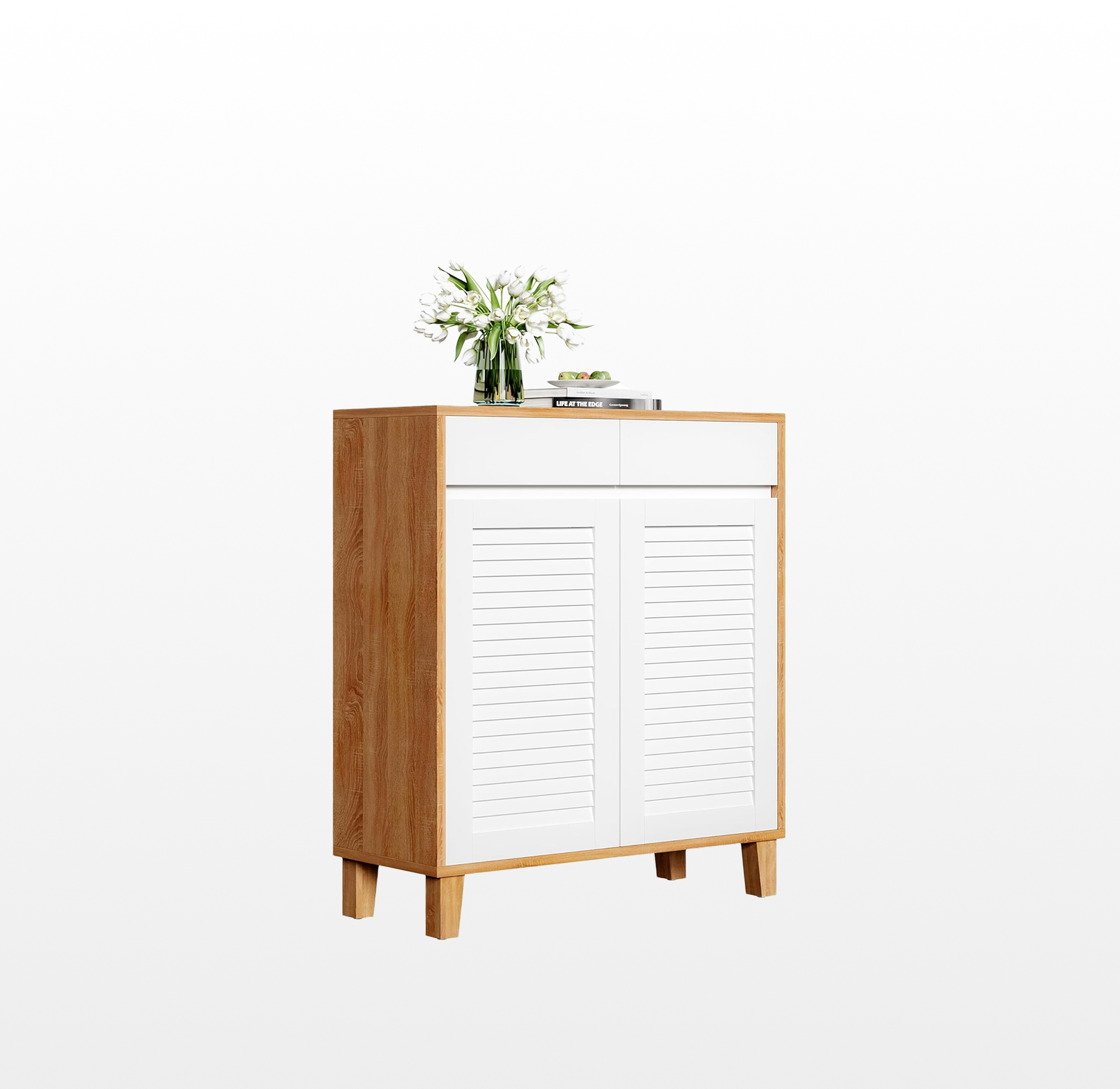 LIKEMET Wooden 4-Tier Shoe Cabinet with Louver Doors