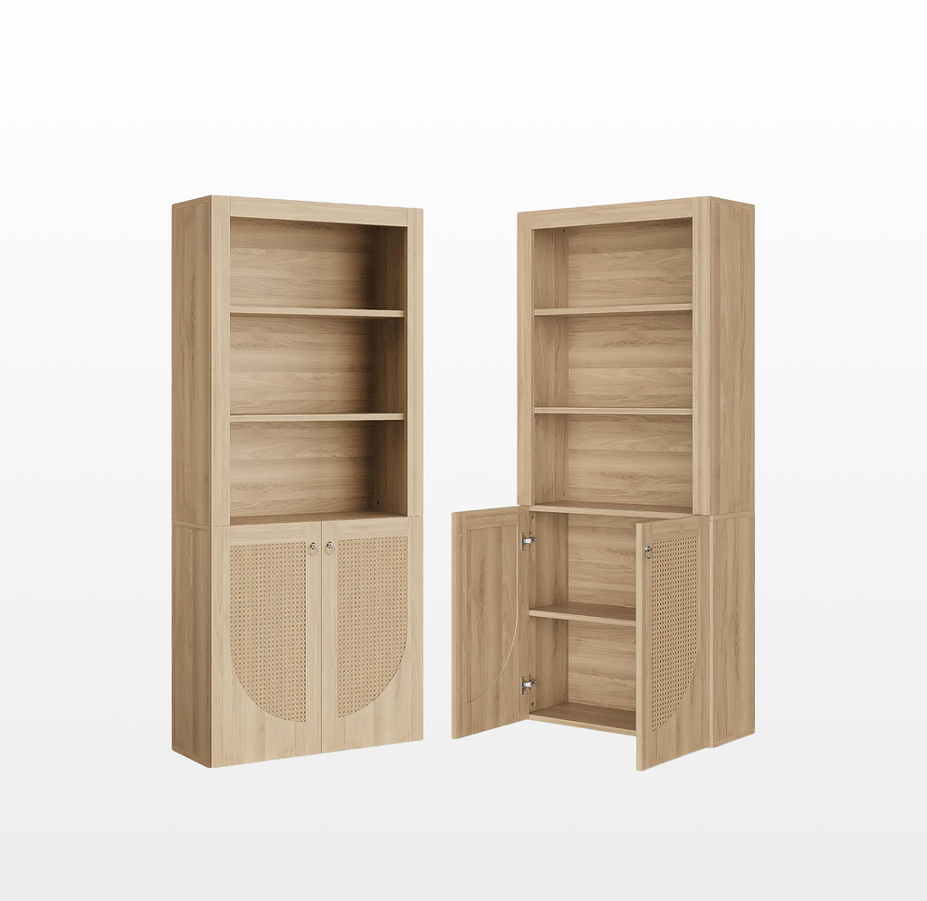 LIKEMET Medieval-style Rattan Bookshelf with Doors（70.9”）